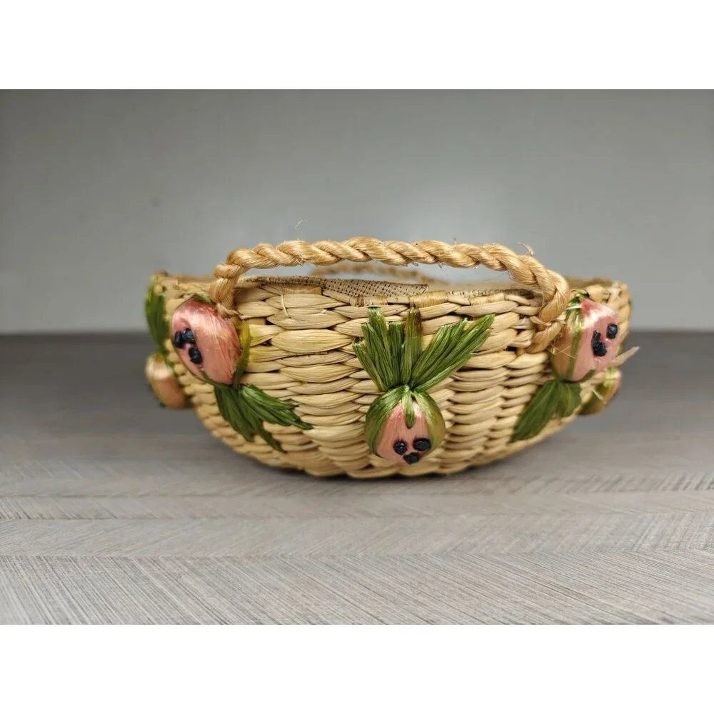 Vintage Woven Raffia Straw Round Casserole Basket With Fruit Accents Handles